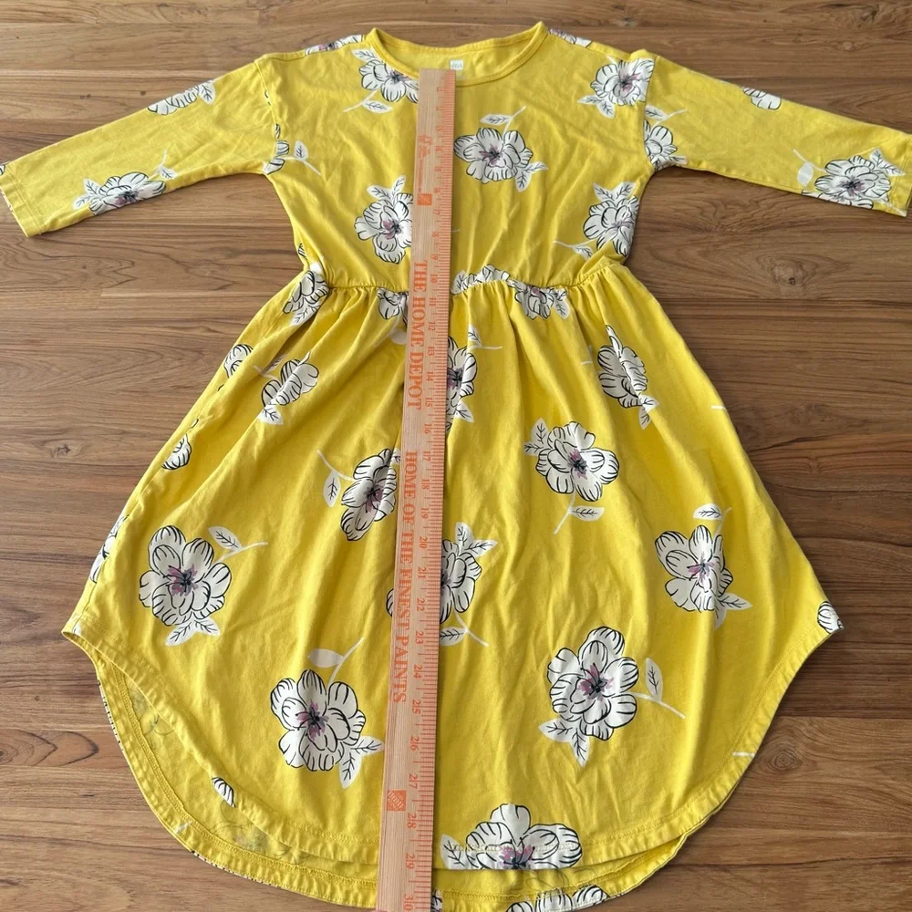 Tea Dress Girls’ 10 Yellow Floral White Flowers 3/4 Sleeves Midi Dress